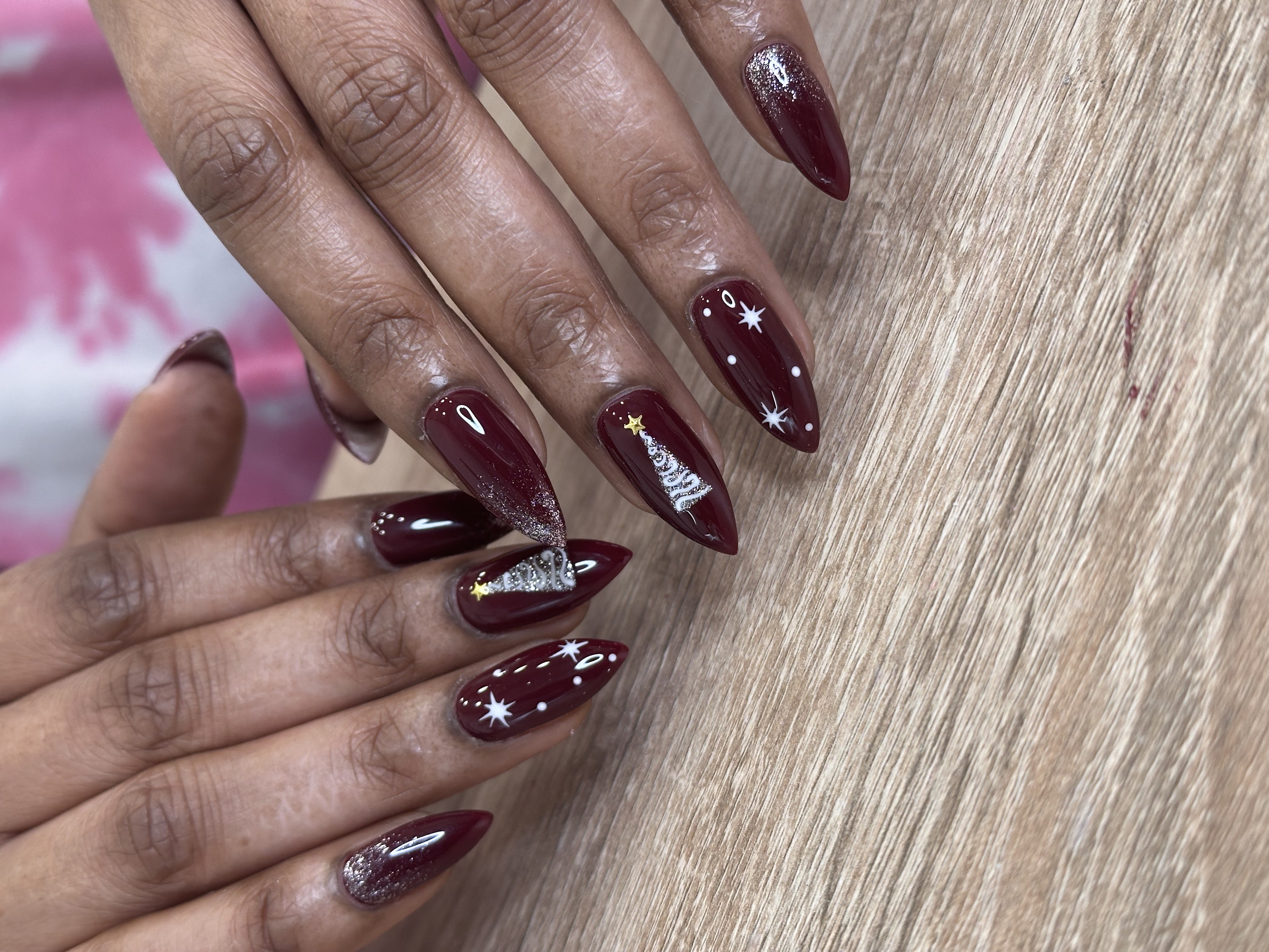 Dark cherry red with glitter accents